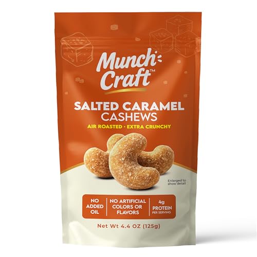 Image of Munch Craft Gourmet Salted Caramel Cashews - Perfectly Balanced Flavor (Buttery Caramel & Sea Salt) - Extra Crunchy Air-Roasted Nuts, Oil-Free - No Artificial Colors or Flavors - 4.4 oz (125g) Resealable Bag