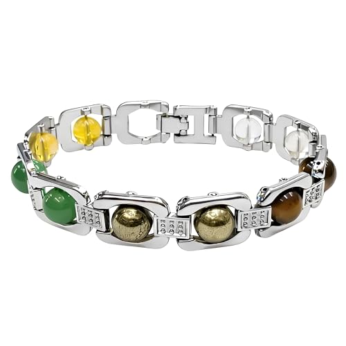Image of REBUY Dhan Yog Bracelet for Men & Women | Certificate of Authenticity Natural Crystal Pyrite, Clear Quartz, Citrine Aventurine, Green Jade, Tiger Eye Stone Attracts Wealth & Money Magnet Bracelet