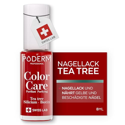 PODERM Pflegelack mit Tea Tree - Kräftiges Rot | Swiss Lab - 8ML | Angereichert mit Tea Tree Silizium & Biotin | Reinigt Klärt & Nährt Gelbe Nägel | Entwickelt von einer Podologin