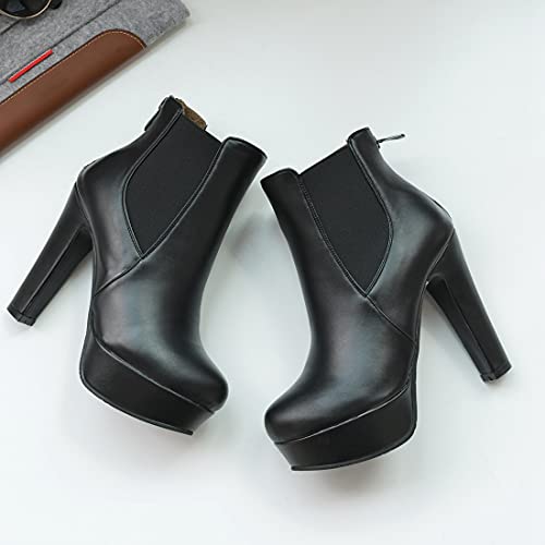 VOKLIN Women's Chunky Block High Heel Ankle Boots Round Toe Zipper Elastic Side Panel Dressy Short Booties3