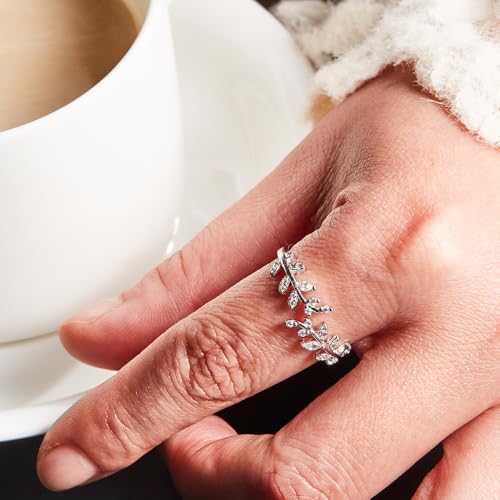 Adjustable S925 Sterling Silver Ring for Women,Branch Leaves Band Stacking Finger Ring,Paved Cubic Zirconia Stone Stackable Open Ring2