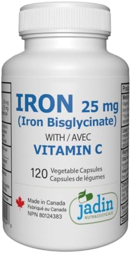 Iron Bisglycinate 25 mg with Vitamin C - Made in Canada - 120 Vegetable Capsules