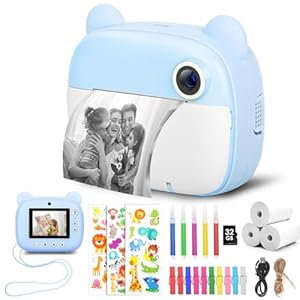 HIGSPE Kinderkamera Sofortbildkamera, Digitalkamera für Kinder mit Druckpapier & 32G TF Karte, VideoKamera mit farbigen Stiften & Lustige Accessoires, Geschenk für Kinder 3-14 Jahren