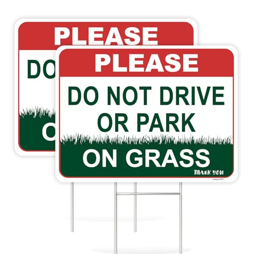 GulSoar 2PC Do Not Drive Or Park on Grass Sign with Metal Stakes 12.6x 9.4 - Corrugated Plastic Double Sided - Outdoor No Parking On Lawn Yard Sign