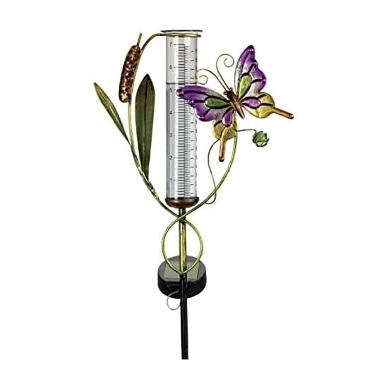 Bits and Pieces - Solar Powered Butterfly Rain Gauge Garden Statue - Solar Panel Captures Sunlight and Illuminates LED Glass Rainfall Tube