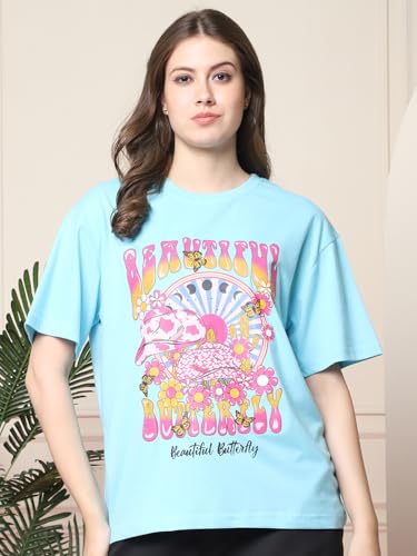 Image of Preneum Women's Cotton Cool Graphic Printed Baggy Fit Drop-Shoulder Sleeves Cotton Oversized T-Shirt