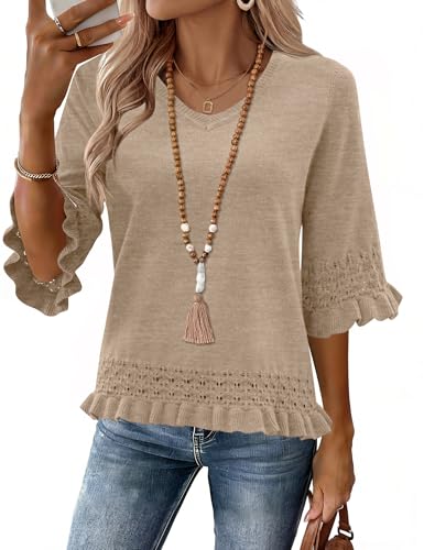 LOMON Womens Sweaters 3/4 Sleeve Womens Tops V Neck Sweater 2026 Spring Summer Knit Pullover Dressy Office Outfits Camel L