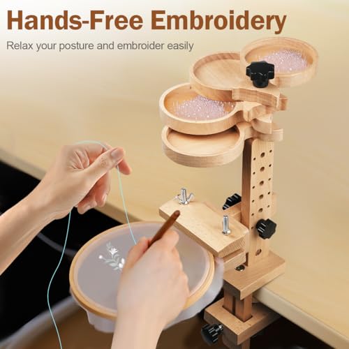 Image of Embroidery Hoop Stand with Built-in Storage Tray - Adjustable Cross Stitch Stand, Embroidery Hoop Holder with Beech Wood Frame, Sturdy Lap Stand for DIY Craft Projects and Art Display