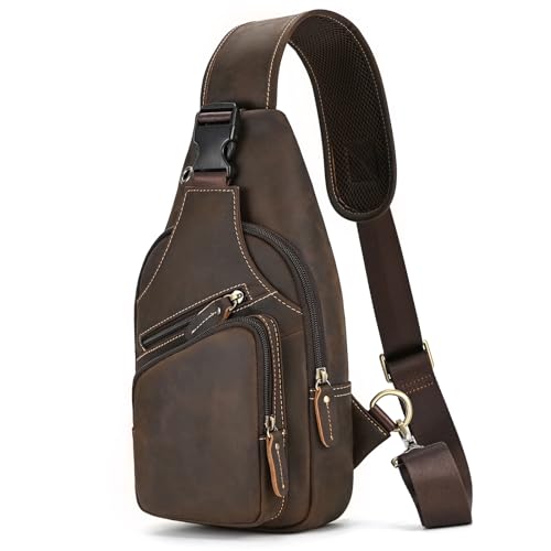 Sac de Poitrine Homme en Cuir Veritable Sacoche à Bandoulière Sacs a dos porté épaule Travers Pochettes des Sport Affaires Voyage, 9455 marron foncé