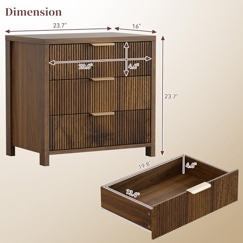 Image of Fluted Nightstand, 23.7'' Wide Night Stand with 3 Drawers, Mid-Century Modern Bedside Table with Handles, Wood End Table for Bedroom, Walnut