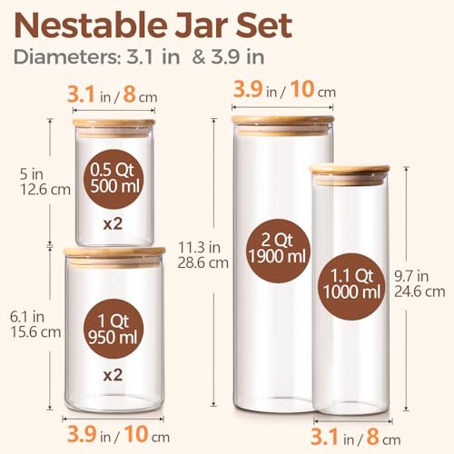 Image of ComSaf Glass Storage Jars 6 Pack, Pasta Containers, Pantry Organization
