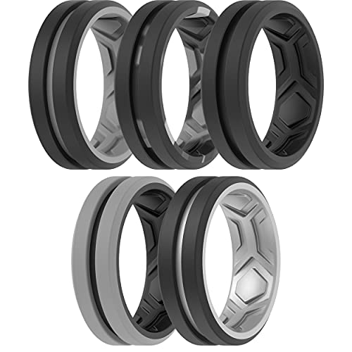 ThunderFit Silicone Wedding Rings Men, Breathable 2Layer Middle Engraved - 8.2mm Width 2.5mm Thick (Grey B-Black, Grey Camo-Black, Black-Black, Silver-Black, Black-Grey A - Size 10.5 - 11 (20.6mm))