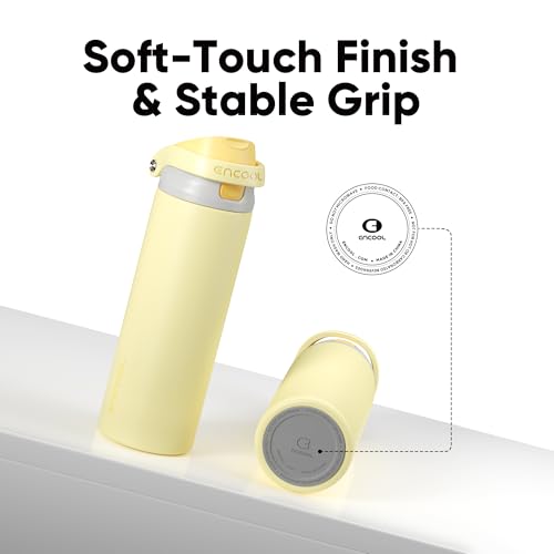 Image of ENCOOL Leakproof Insulated Water Bottle with Straw Dual-Sip Water Bottle Bag-Safe Design for Work, Commute & Gym - Keeps Drinks Cold All Day, 18 oz, Butter Yellow