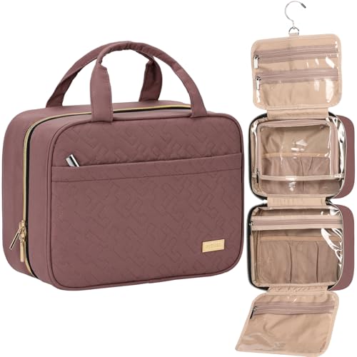 Image of NISHEL Travel Toiletry Bag for women, Portable Hanging Organizer for Travel-Sized Shampoo, Conditioner, Brushes Set, Makeup Accessories, Medium Size, Rosewood-Pink