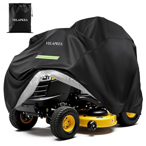 VELAPKEA Riding Lawn Mower Cover, Tractor Cover Fits Decks Up to 54', Waterproof Heavy Duty 600D Polyester, All-Season Outdoor Protection, Double Drawstring Secure Fit, Includes Storage Bag, Black