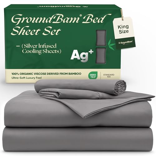 GroundBam Silver Infused Bed Sheets Set, Temperature-Regulating Fabric with Self-Cleaning Technology for 3X Freshness Sleep, Genuine 100% Organic Viscose Derived from Bamboo (Gray, King)