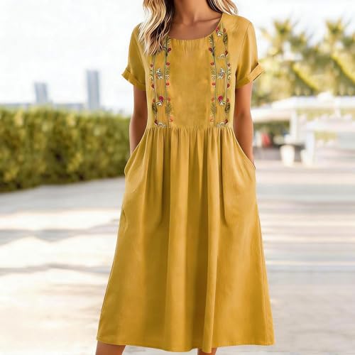 LUNULE Robe Mariage Invitée Femme, Dos Nu Femme Robes De Cocktail Femmes Élégante Unie en Coton Et Lin pour Col Rond Manches Courtes Mi-Longue Fluide Coupe Trapèze Style Plage Tailleur Blazer Vichy – vue 5