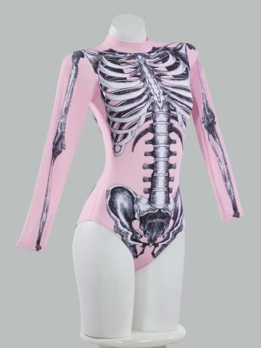 haikyuu Women Pink Skeleton One Piece Swimsuit Long Sleeve Skull Bodysuit Swimwear Goth Gothic Bathing Suit3