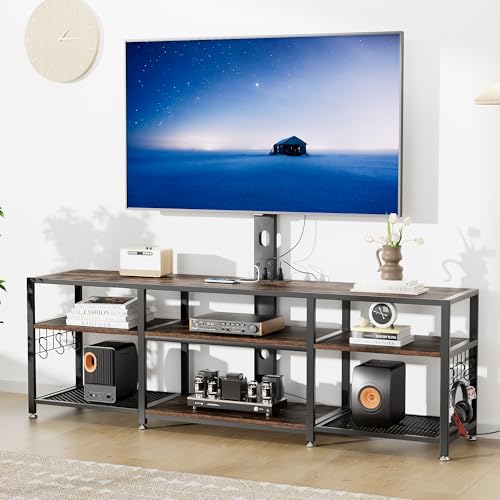 Image of VECELO TV Stand with Mount and Power Outlet, Height Adjustable Entertainment Center with Storage Shelves for 32 /55 /65 /70 /75 inches Televisions, Console Table for Living Room, Bedroom, Rustic Brown