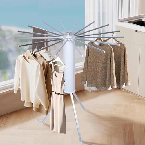 Image of Heavy-Duty Foldable Rotary Clothes Drying Rack Stand with 360 Rotating Arms - Portable Tripod Laundry Hanger Tower for Indoor & Outdoor Drying (16 Rods)