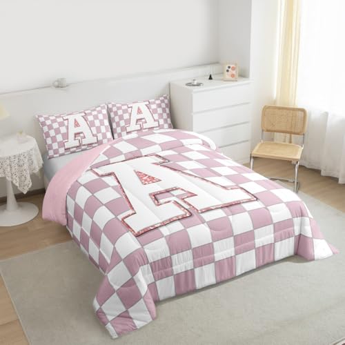 Image of Erosebridal Pink Initial A Kids Comforter Sets Kawaii Plaid Checkered Queen Bedding Set for Girls Teen Women Cute Personalized Monogram Comforter Set,Fashion Grids Gingham Quilt Duvet 3 Pcs