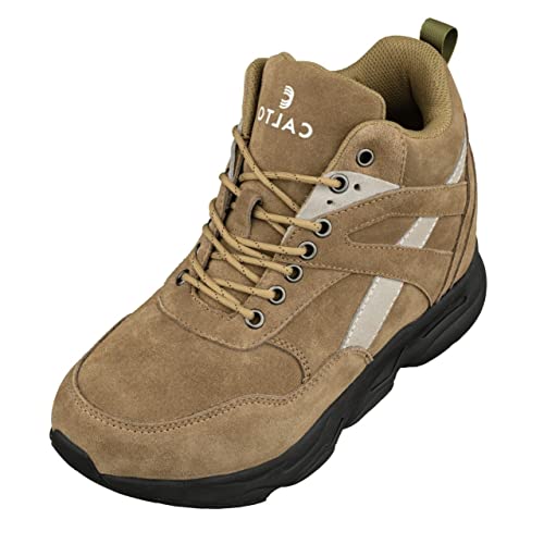 CALTO Men's Invisible Height Increasing Elevator Trainer Shoes - Olive Green Lace-up Fashion High-Top Hiker Sneakers - 4.0 Inches Taller - S33596 - Size 9 D(M) US