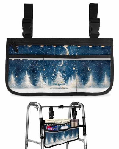 Anzona Merry Christmas Wheelchair Side Bag Walker Bag, Rustics Xmas Tree Snowflake Ball Moon Wheelchair Accessories Armrest Pouch, Organizer Storage Bag for Walkers, Rollators, Scooters, 7.3''x13''