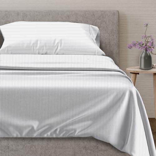 Mayfair Linen 100% Egyptian Cotton Twin XL Size Sheets Set - Luxury 600 Series Voyage Collection Twin XL Cotton Sheets (3 PC, White - Stripe), Soft, Cooling, 16" Deep Pocket Hotel Quality Sheets Set