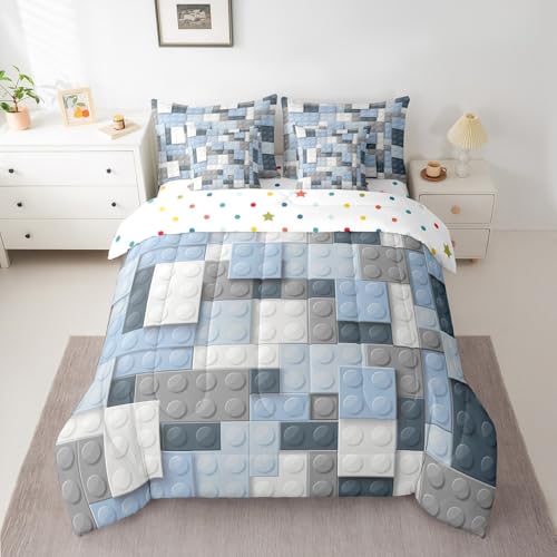 Erosebridal Construction Bed In A Bag Queen Comforter Set 7 Piece,3D Building Blocks Bedding Sets,Colorful Sheet Set With Comforter Kids Boys Bricks Rainbow Gradient Room Decor For Teen Girls,Blue Grey White thumb #2