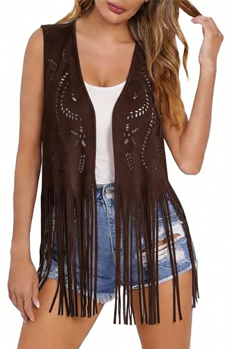 Women Western Tassels Vest Tops 70s Hippie Sleeveless Faux Suede Fringe Vests Jacket Cardigan Open Front Rodeo Cowgirl Shirt (Dark Brown Small)