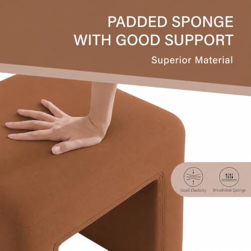 Image of Kundi Modern Boucle Vanity Stool Chair with Wooden Legs - Soft Ottoman Footstool for Makeup Room, Living Room, Entryway & Office (White) (Brown)