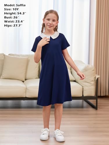 GORLYA Girls Vintage Collar Casual Loose Straight Swing T-Shirt Dress with Pockets 4-14Y4