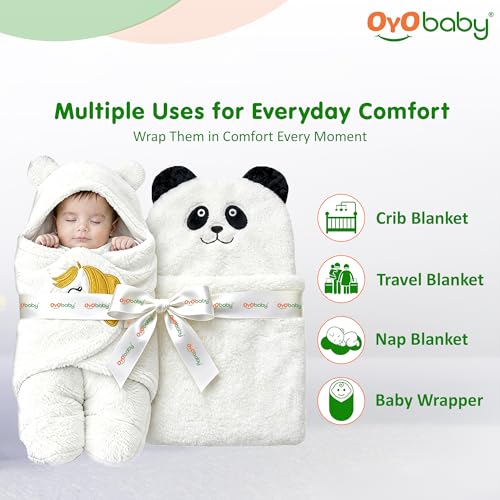 Image of OYO BABY Newborn Baby Combo Pack | Hooded Sleeping Bag Wrapper & Baby Bath Towel | Premium Soft Flannel | Gentle on Baby Skin | Quick Dry & Absorbent | 0-12 Months | Panda & Unicorn White