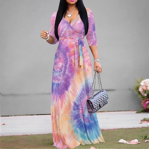 Image of PinkPatty Women's Print Maxi Dresses 3 /4 Sleeve Flowy Long Dress V Neck Wrap Tie Waist Sundress