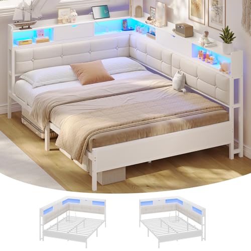 AOGLLATI Polsterbett 140x200 mit 6 Staufächern, LED-Beleuchtung, Steckdosen und USB-Anschluss, Schlafsofa Jugendbett Tagesbett Gästebett Bettgestell mit Lattenrost aus Metall, ohne Matratze, Beige