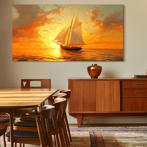 crmotu Sailboat Wall Art, Large Landscape Wall Art, Nautical Wall Decor, Sunset Painting Canvas Prints, Ocean Pictures for Living Room Bedroom Dining Room Hallway Office Home Hotel Artwork 30x60inch