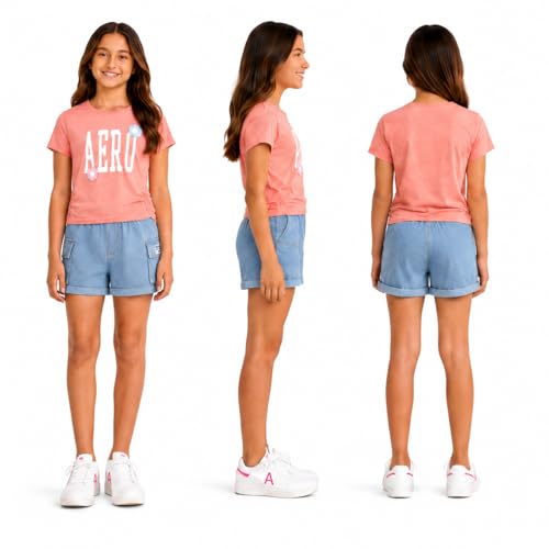 Image of AEROPOSTALE Girls Shorts Set - 2 Piece Soft Short Sleeve Graphic Tees and Twill or Denim Shorts Summer Outfits for Girls