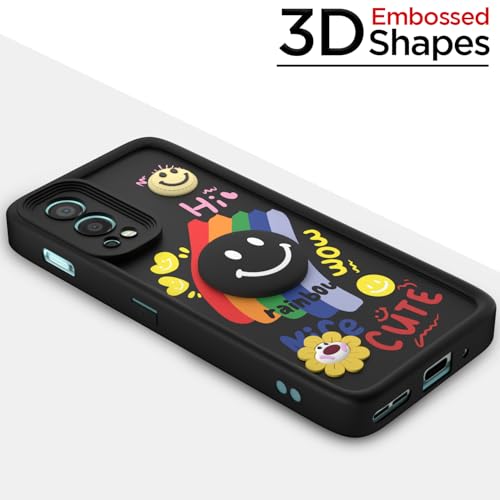 Image of Pikkme Back Cover for OnePlus Nord 2 5G | Soft Silicone| Cute Rainbow Smile & 3D Cartoon Flower Design | Shockproof Raised Camera Protection Bumper Case (Black)