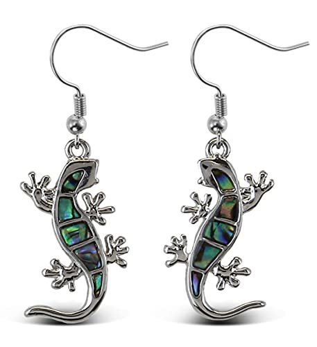 Gecko Earrings Jewelry - Authentic Dangle Hook Earrings Made with Natural Paua Abalone Shell - Unique Colorful Jewel For Women & Teens For Daily, Casual & Formal Occasions