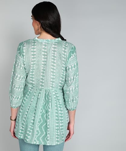 Image of Stylistico Geometric Print Summer Cotton Tunic Western Everyday Regular Fit Full Sleeve v Neck Office Peplum Printed Long Tops for Women Latest