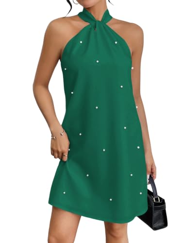 Image of Floerns Women's Pearl Beaded Halter Twist Sleeveless Tie Back Dress A Line Dress