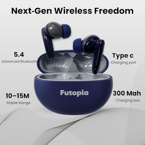 Image of Futopia Wireless Groove Bluetooth Earbuds v5.4 with Charging Case | 10mm HD Sound Drivers | Type-C Fast Charging | 4-5H Playtime | 10-15M Range | Lightweight in-Ear Headphones- Blue