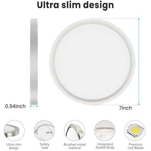 Image of libtit 7 Inch Nickel Brushed Flush Mount Ceiling Light, 15W Ceiling Light Fixture,3000K /4000K /6500K Color Selectable,Ultra-Thin Round Ceiling Lighting Fixture for Bedroom Kitchen Pantry, 2 Pack