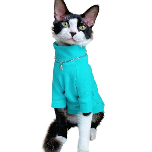 Sphynx Cats Warm Fleece Two-Legged Shirt, Turtleneck Undershirt Hairless Cat, Dopamine Dressing Clothes for Sphynx, Devon, Cornish Vibrant Outfit Small Kitten and Dogs (Blue, L (5.5-9lbs))