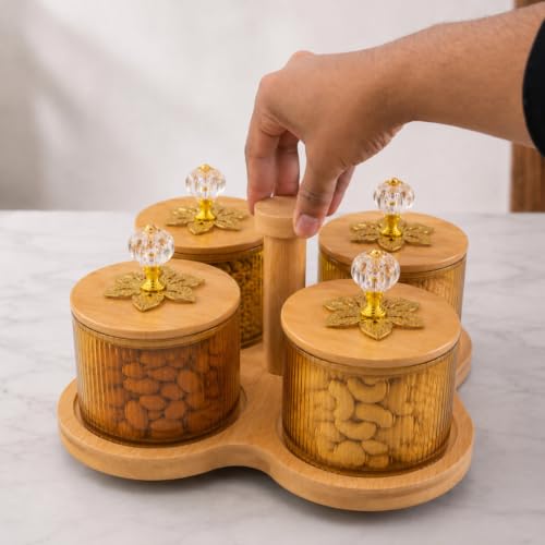 Image of 4 Jar Borosilicate Glass Storage Container Set with 360 Revolving Bamboo Tray (Round Jar with Knob)