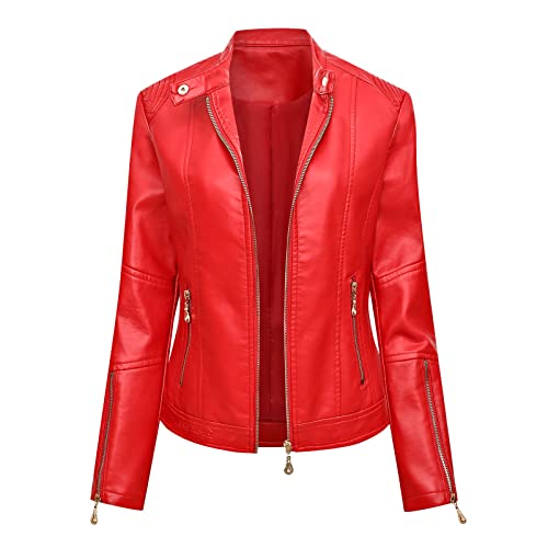 Rote Lederjacke Damen, Lederjacke Damen Leder Jacket Biker Jacke Übergangsjacke Leather Bomberjacke Kurz Jacken Motorrad Kunstlederjacke Frühling Motorradjacke Lederimitat Jacke, Roter, M