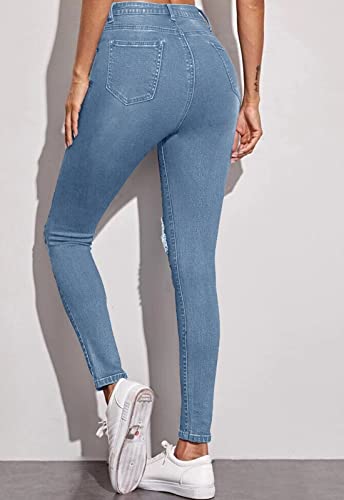 Women's Ripped Mid Waisted Stretch Jeans Distressed Skinny Denim Pants4