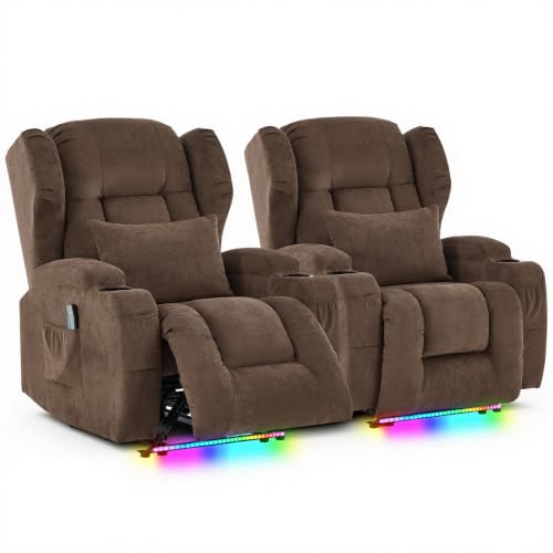 Image of Wall Hugger Power Recliner Chair Set of 2, Overstuffed Home Theater Seating w /Heat Massage Electric Movie Gaming Sofa Reclining Sleeper Chair with LED Light /Lumbar Pillow /Cup Holders