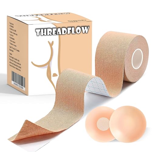 Boob Tape Breast Lift Tape for Large Breasts with 2 Pcs Nipple Covers Invisible Boobtape (Skin,2 in) Beige