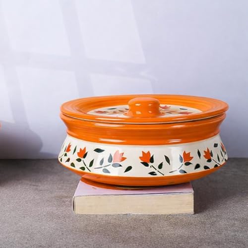 Image of Niyara Orange Leaf Design Ceramic Casserole with Lid for Serving & Storage | Microwave Safe | Stylish Kitchen & Dining Serveware (Set of 3, Sizes: 1000ML, 650ML, 550ML)